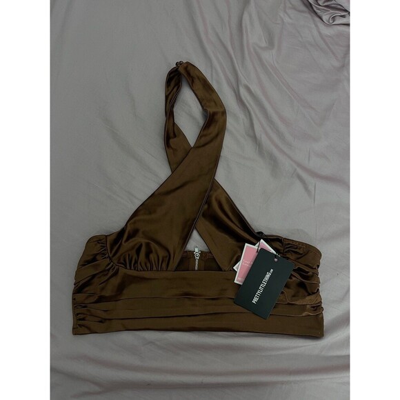 prettylittlething Chocolate Satin Cross Front Ruched Waist Halterneck Crop Top - Picture 6 of 11